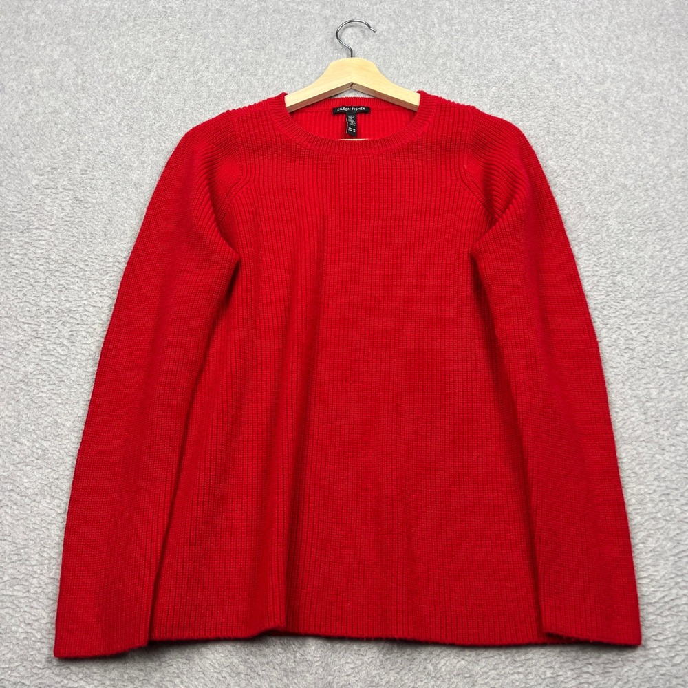 Eileen Fisher Sweater Womens XS Red 100% Merino Wool Ribbed Raglan Crew Pullover